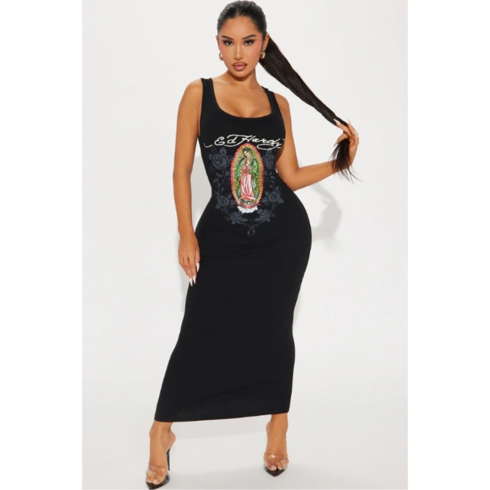 Ed Hardy Black Tank Maxi Dress with Colorful Virgin Mary Graphic